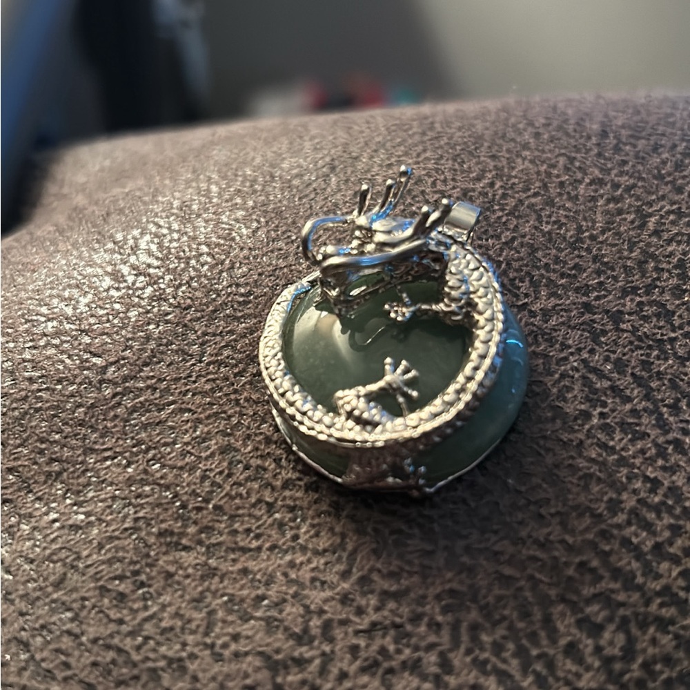 Rare Silver Dragon and Jade Green Necklace with Circular Pendant
